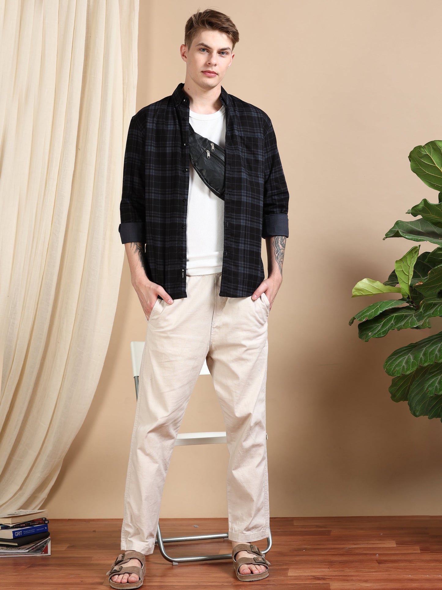 Casual Checked Dark Grey Shirt For Men