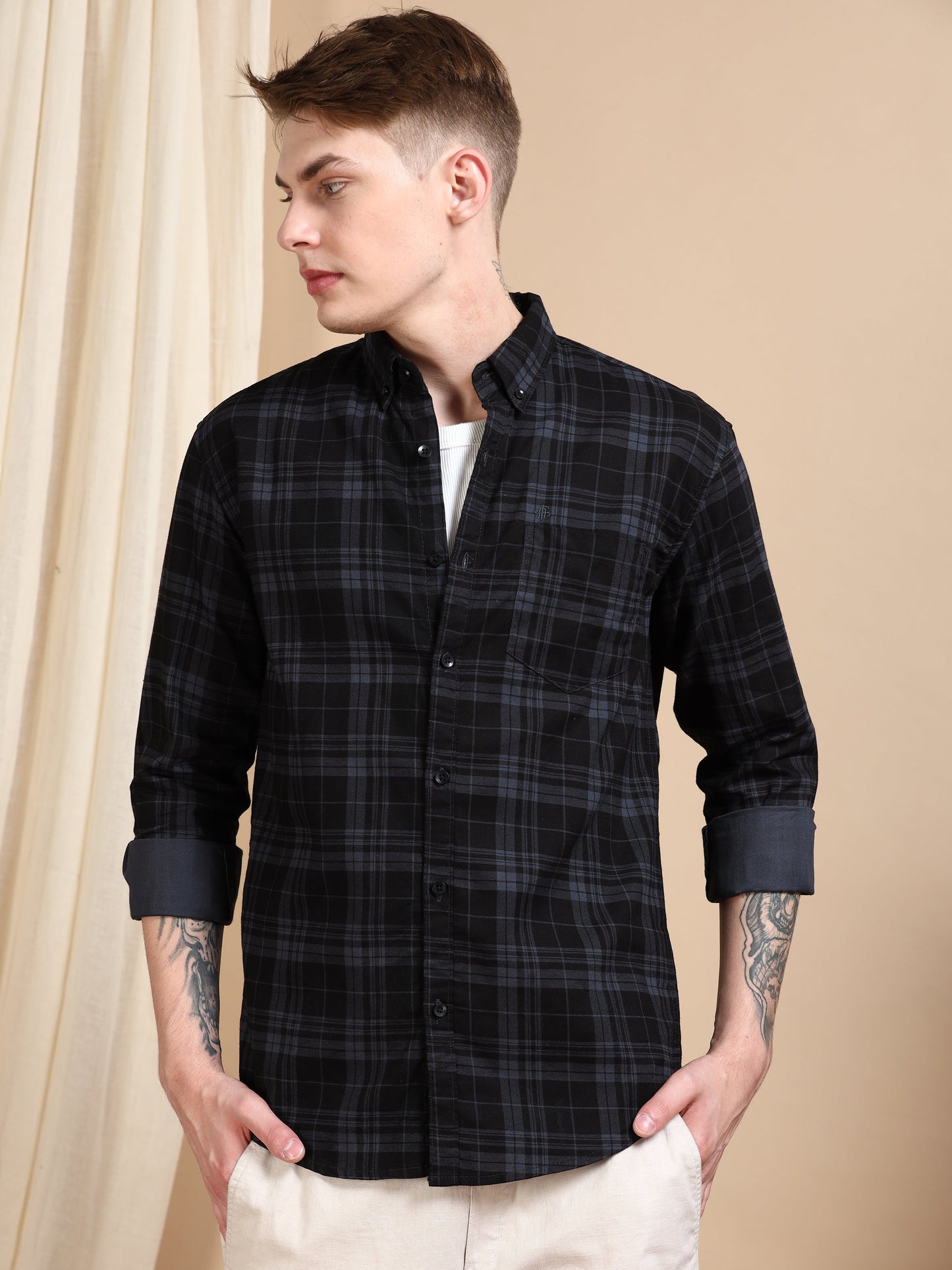 Casual Checked Dark Grey Shirt For Men