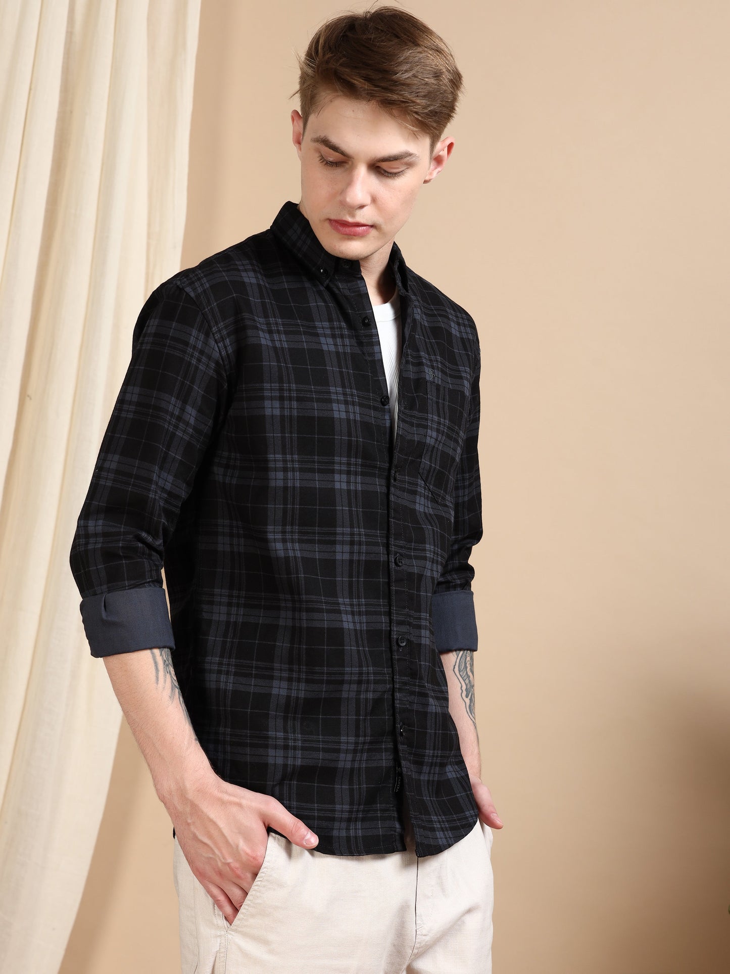 Casual Checked Dark Grey Shirt For Men