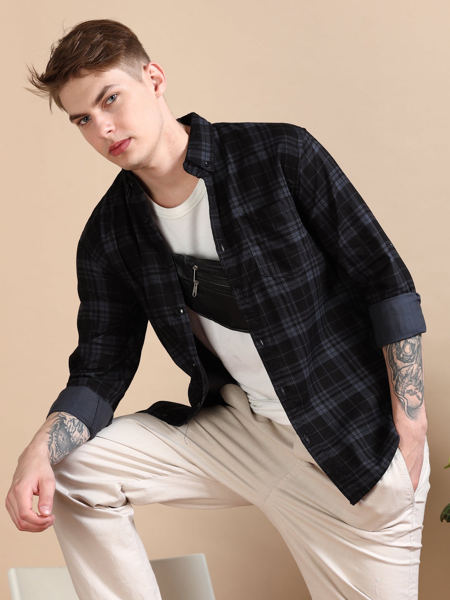 Casual Checked Dark Grey Shirt For Men