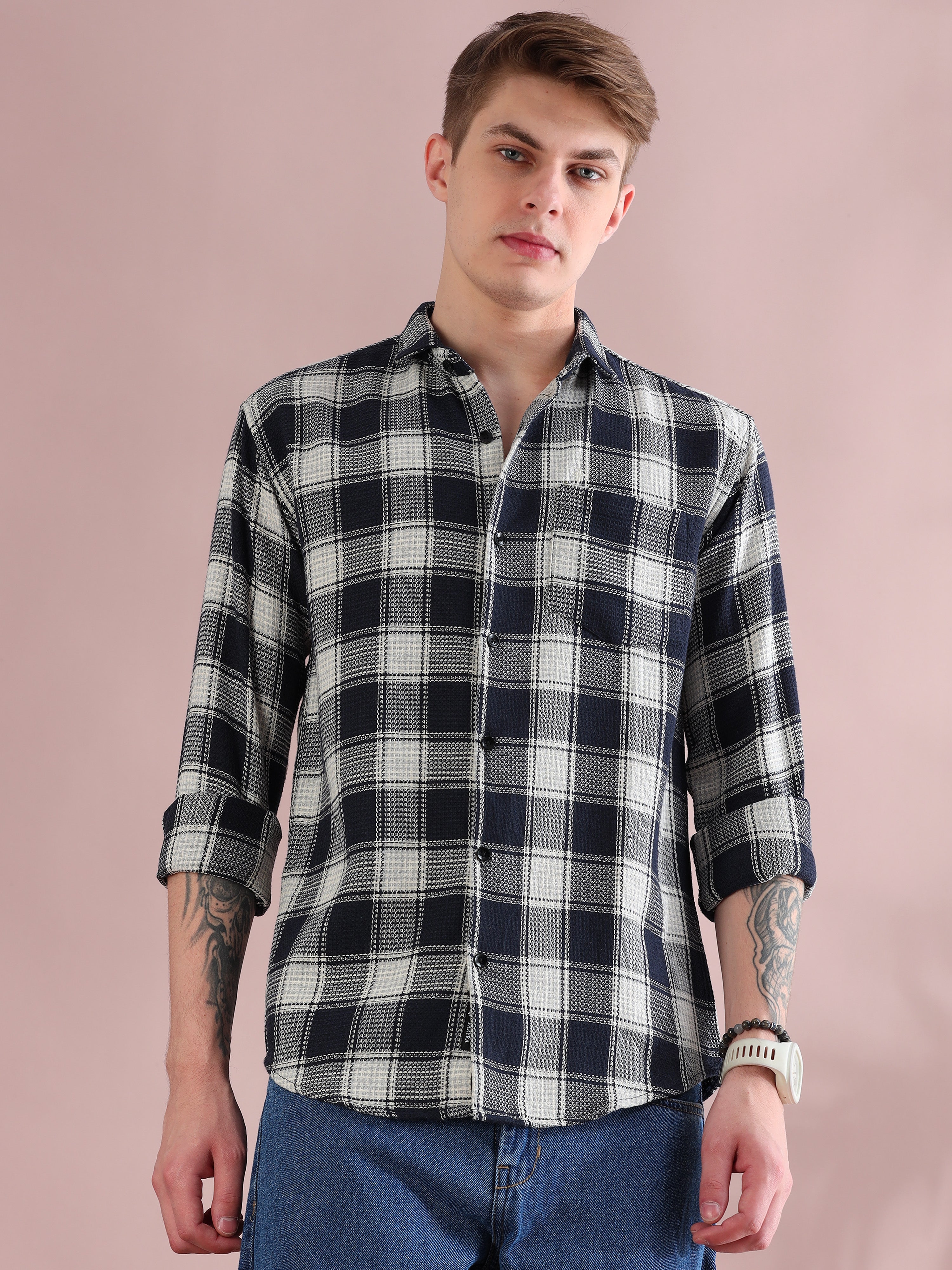 Full Sleeves Navy Mocklin Checkered Shirt For Men