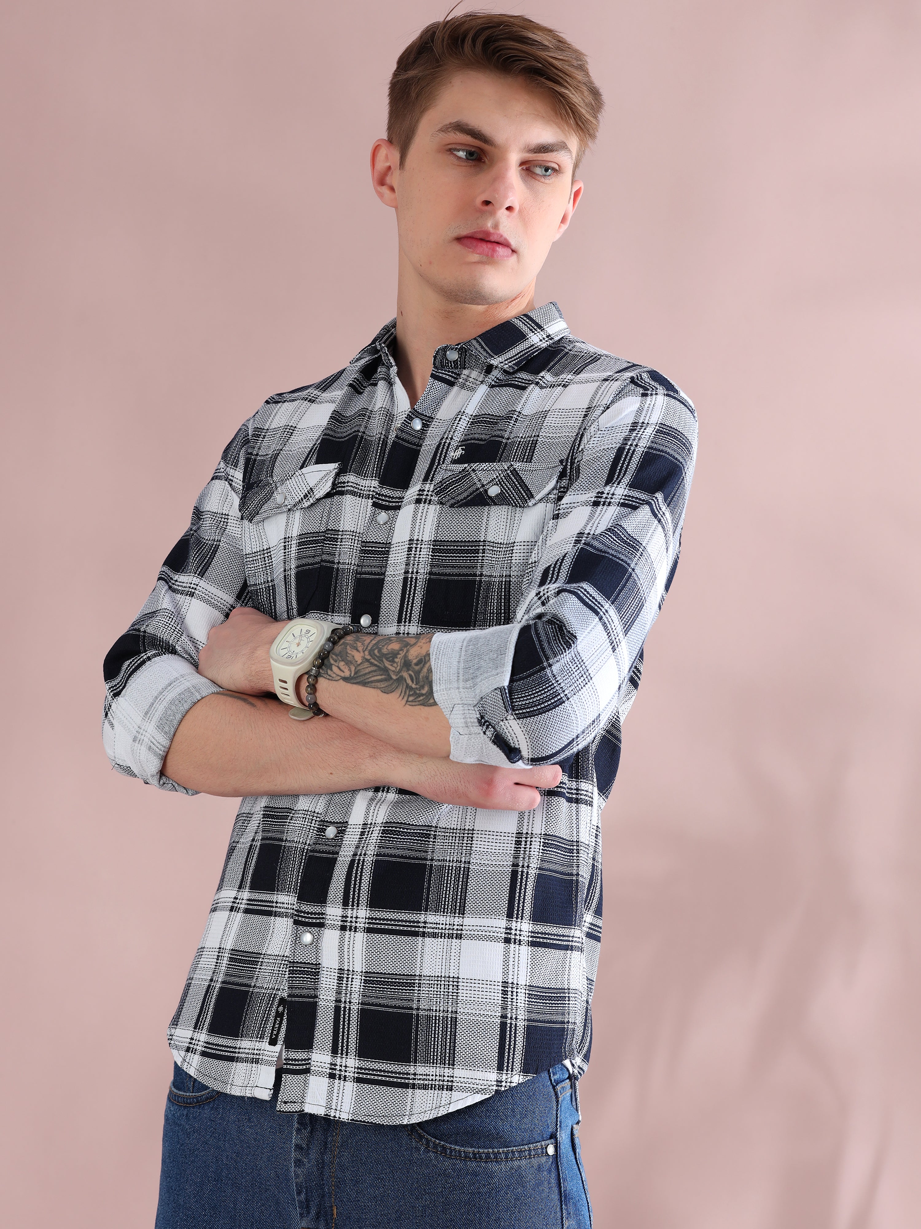 Full Sleeves Navy Dobby Checkered Shirt For Men