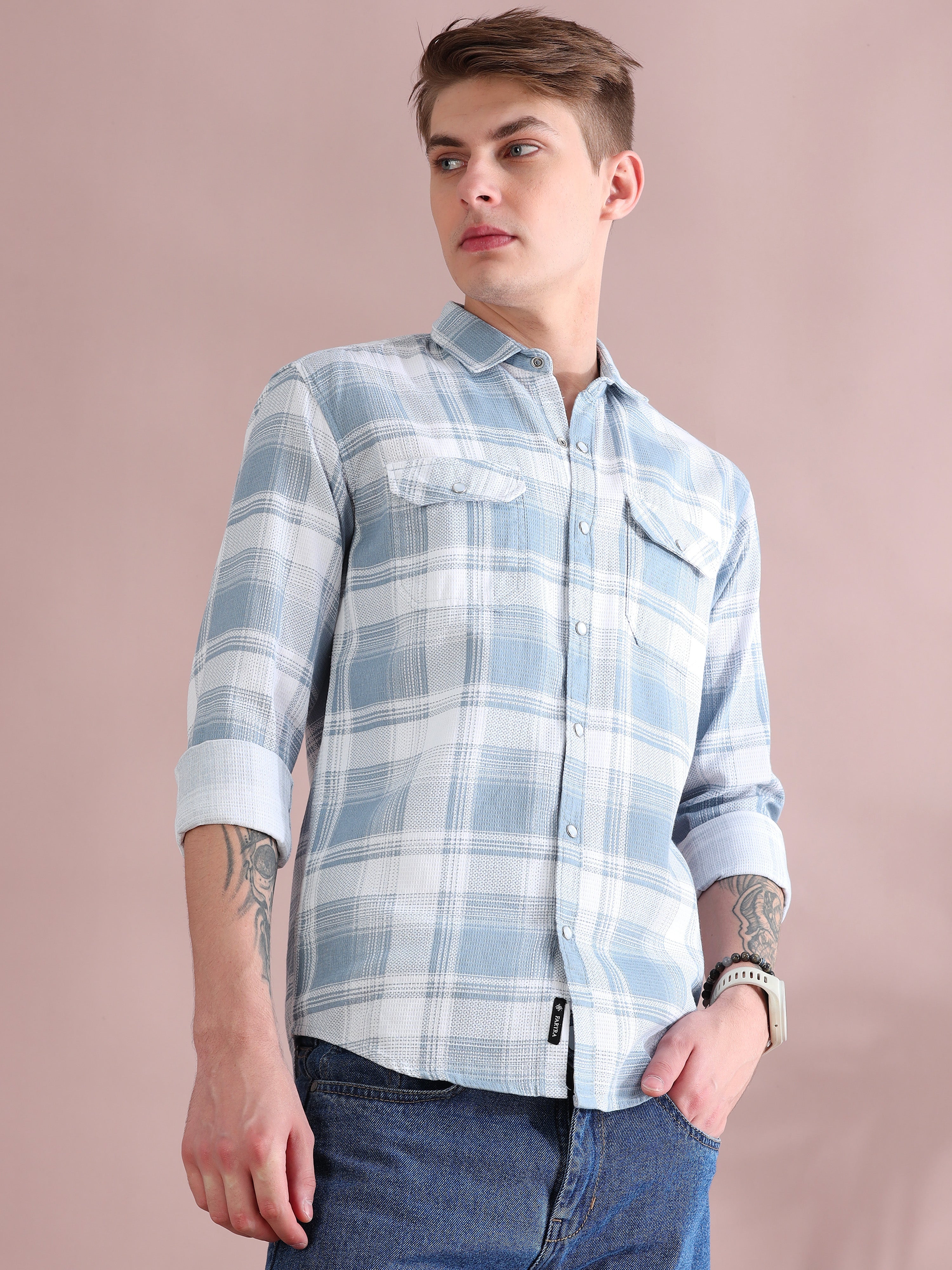 Full Sleeves Grey Dobby Checkered Shirt For Men