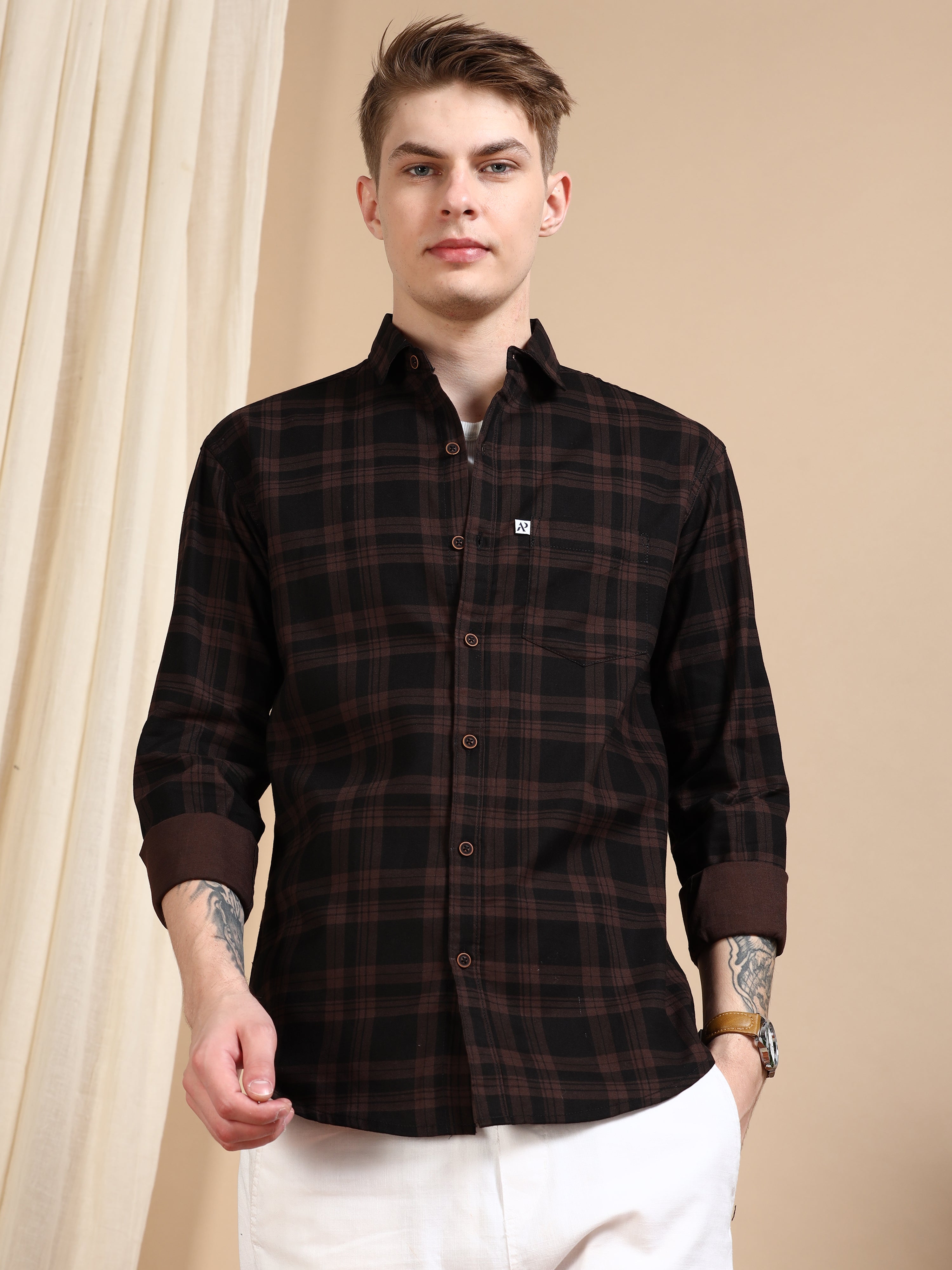 Brown Cotton Blend Checks Shirt For Men