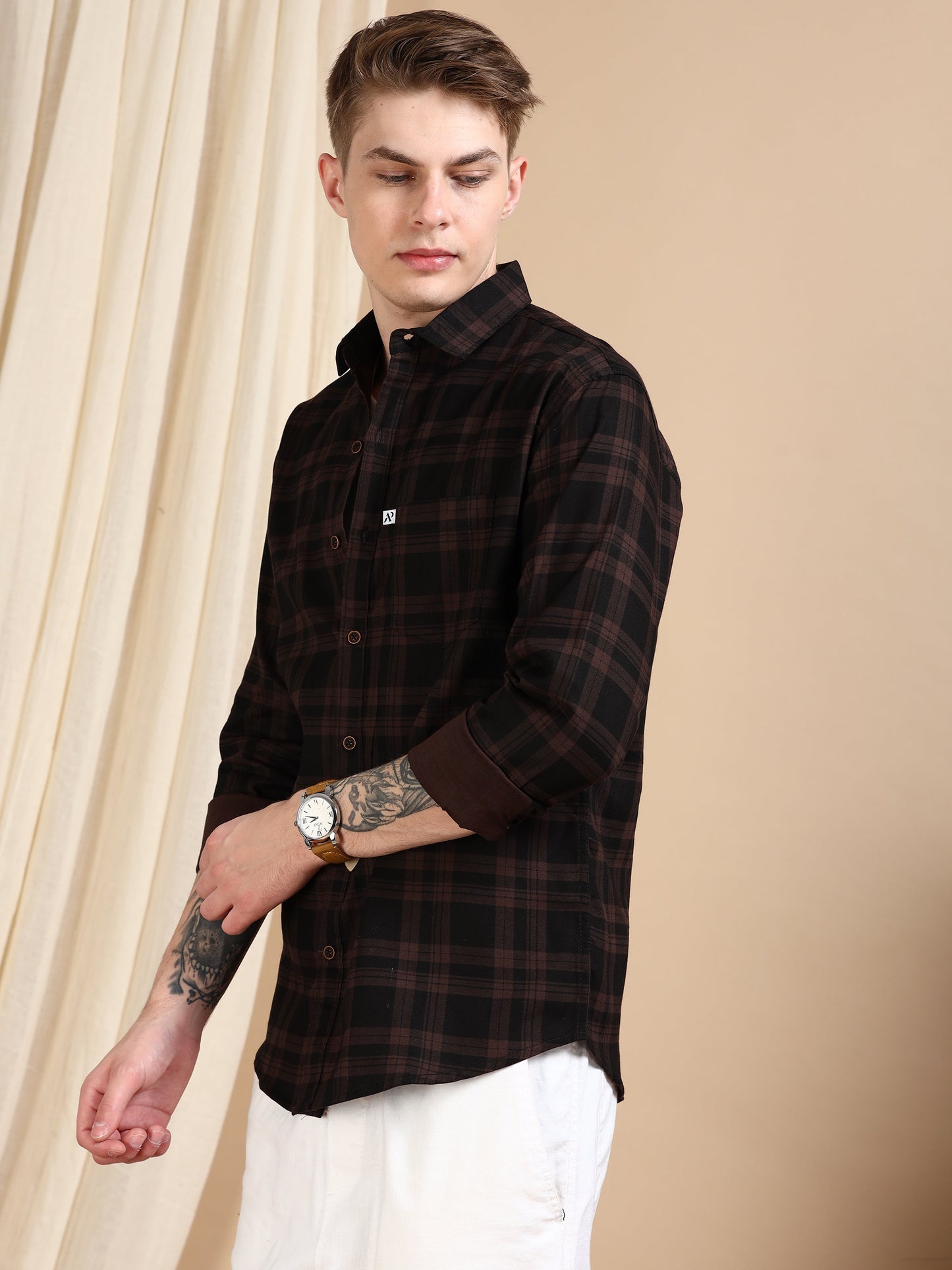 Brown Cotton Blend Checks Shirt For Men