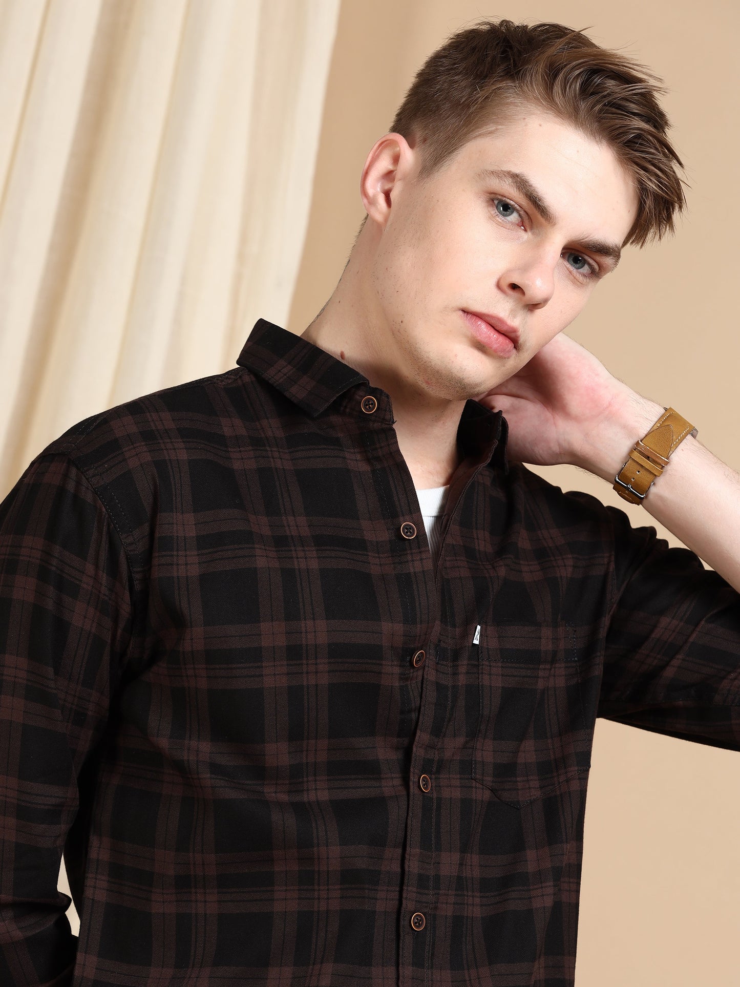 Brown Cotton Blend Checks Shirt For Men