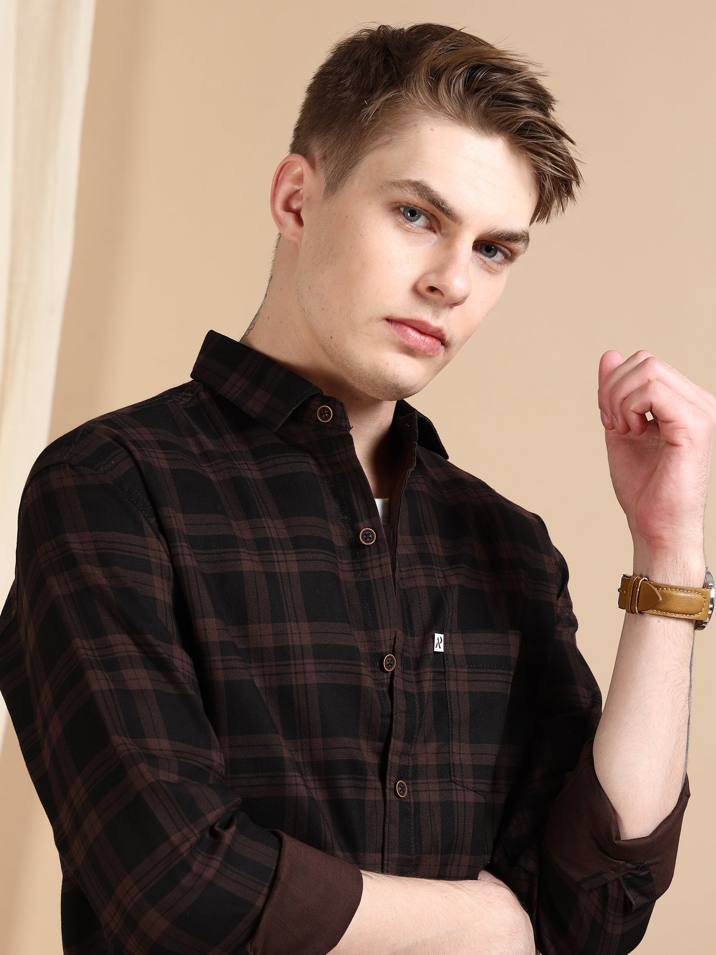 Brown Cotton Blend Checks Shirt For Men