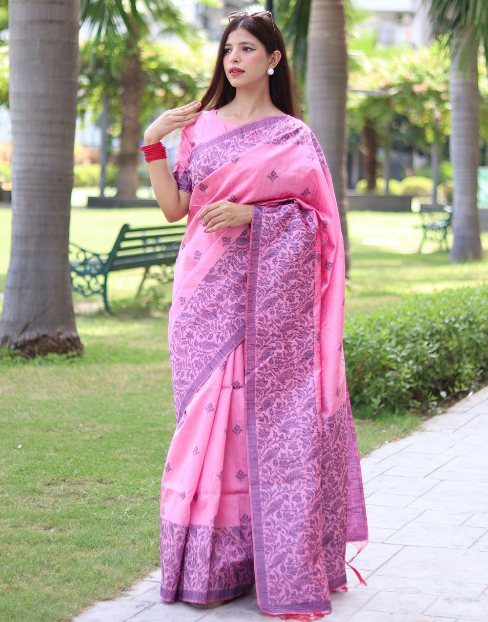 Baby Pink Handloom Raw Silk Saree With Weaving Butties Work