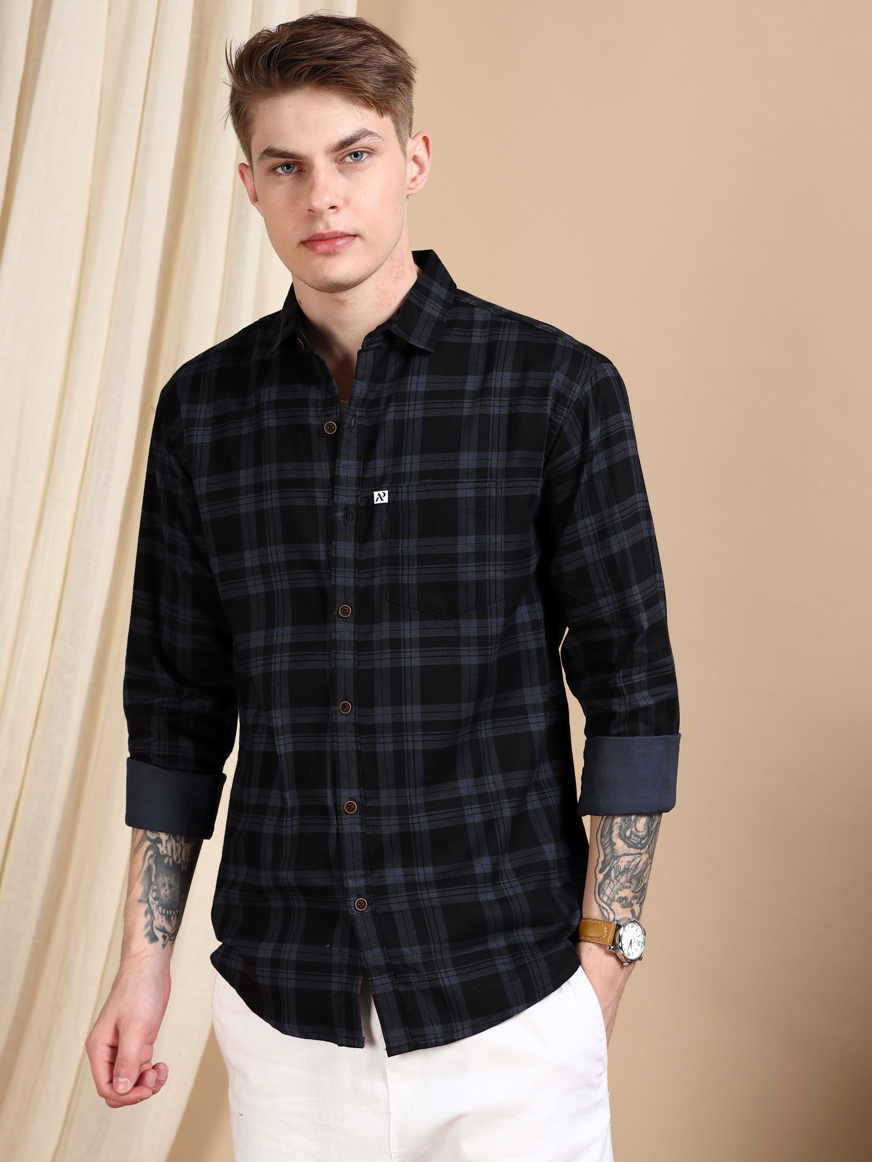 Ashgrey Cotton Blend Checks Shirt For Men