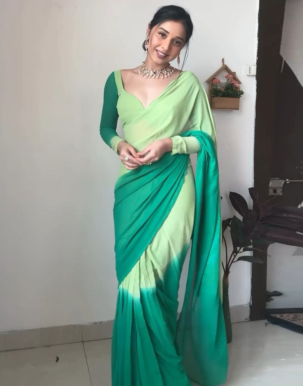 Green Georgette With Printed Ready To Wear Saree