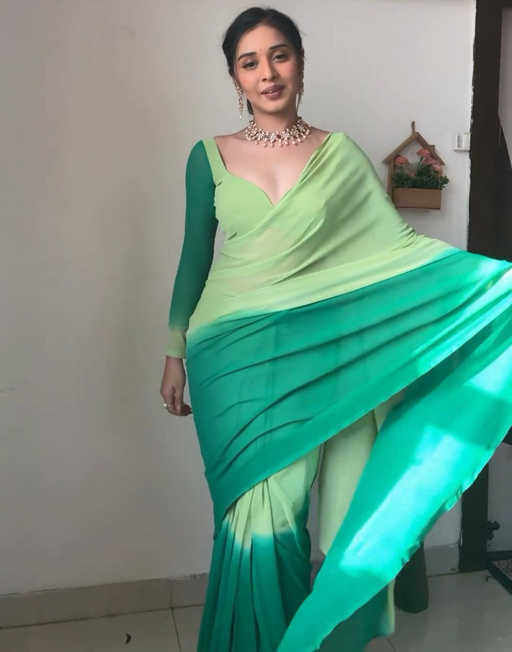 Green Georgette With Printed Ready To Wear Saree