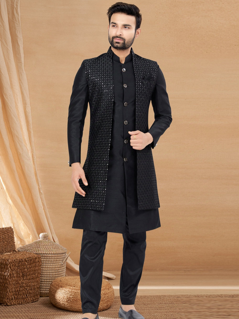 Black Indo Western Jacket Kurta Set with Intricate Mirror Work