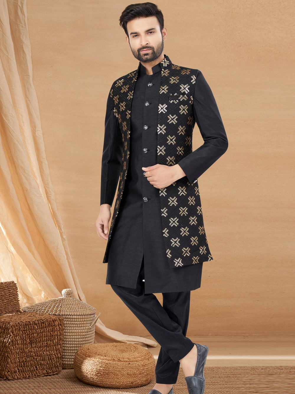 Black Indo Western Jacket Kurta Set with Gold Mirror Embroidery