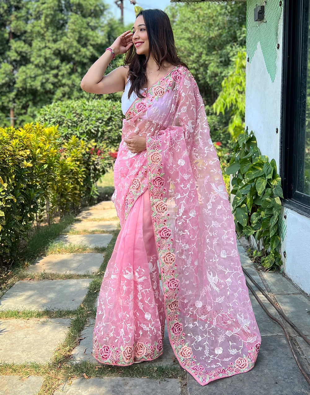 Baby Pink Organza Saree With Embroidery Work With Piping Border