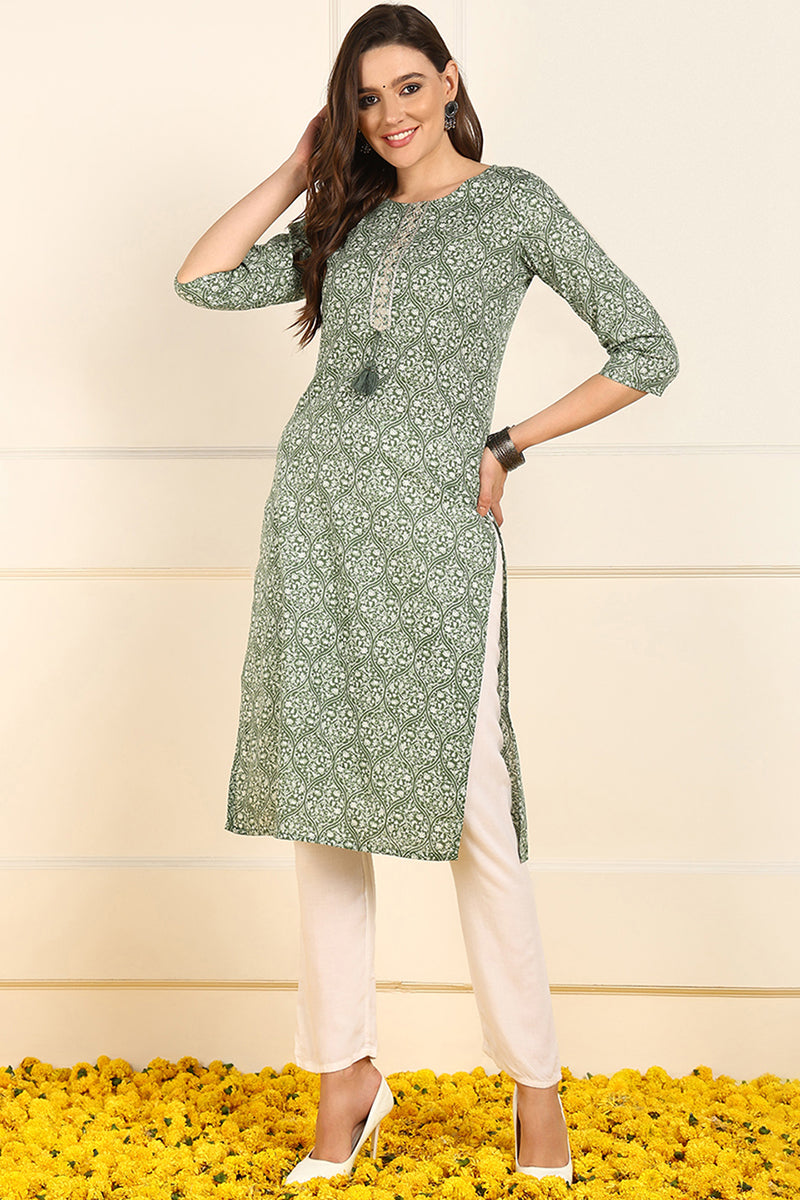 Green Cotton Ethnic Motifs Printed Straight Kurta JPK1005GRN