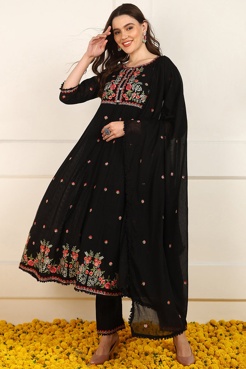 Black Cotton Embroidered Anarkali Suit Set JPSKD1027BLK