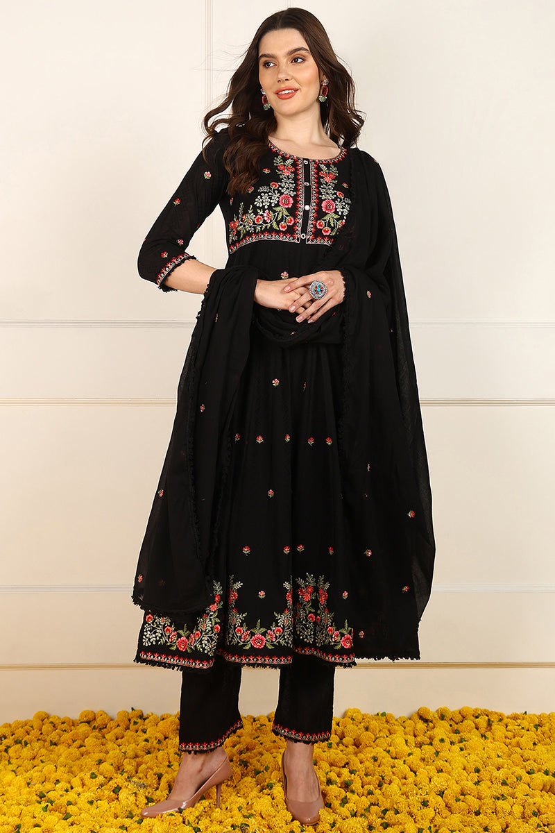 Black Cotton Embroidered Anarkali Suit Set JPSKD1027BLK