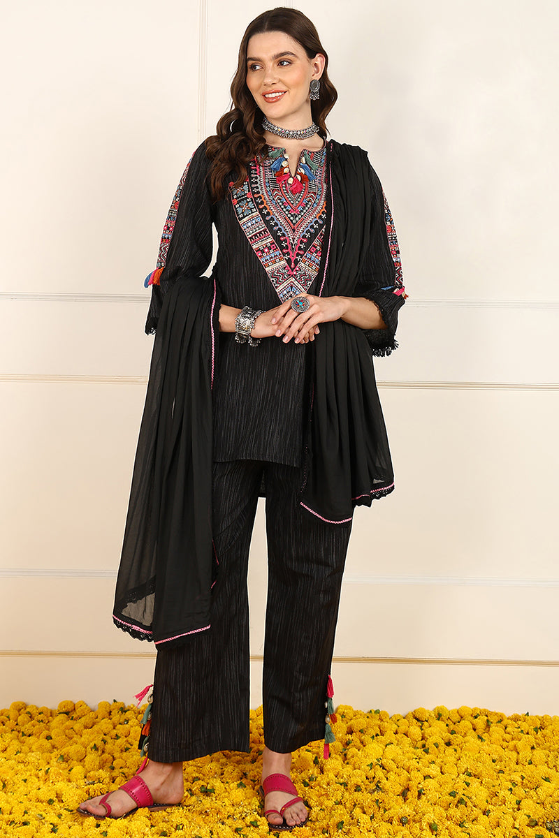 Black Cotton Embroidered Straight Suit Set JPSKD1039BLK