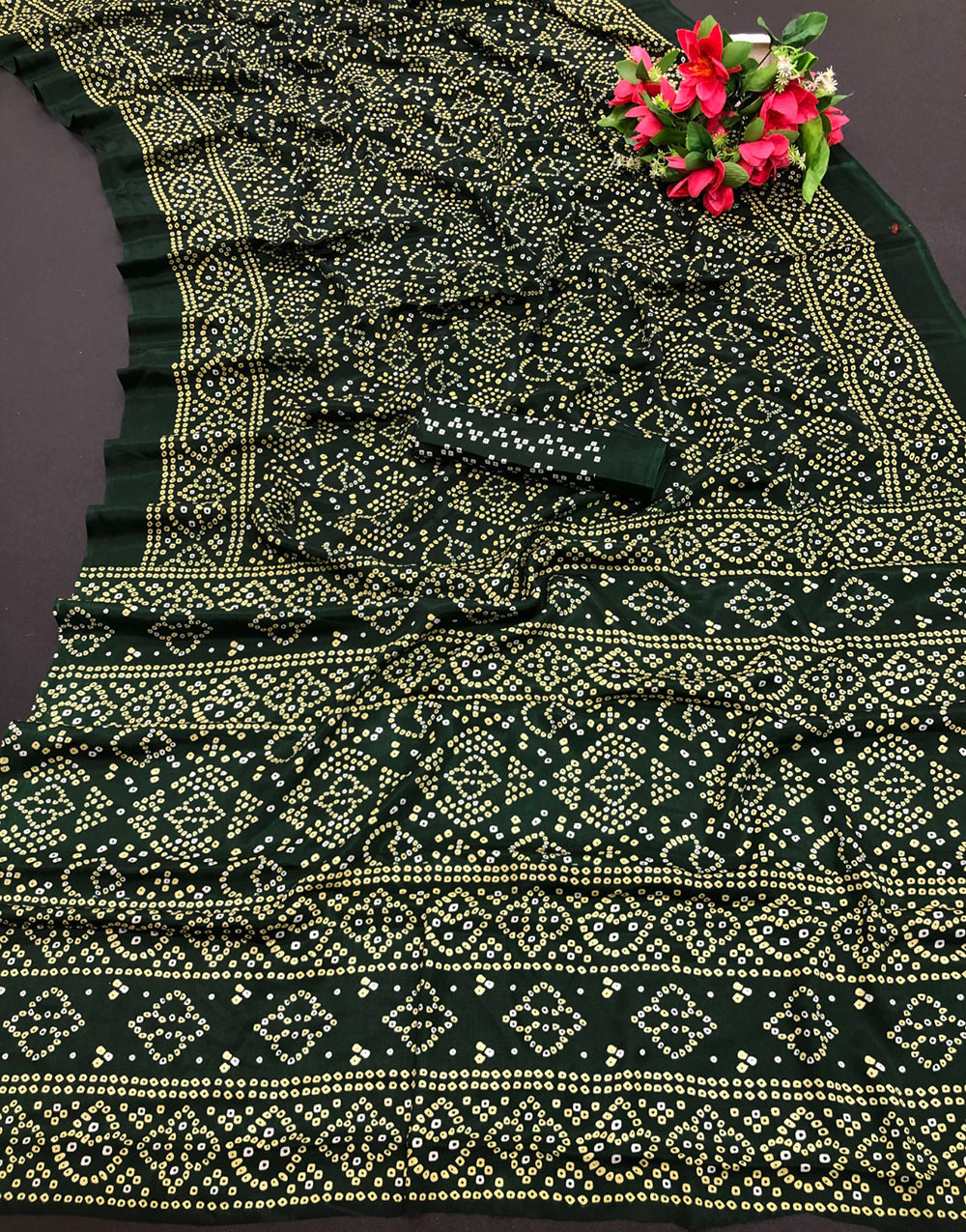 Bottle Green Hand Bandhej Bandhani Saree With Printed Work