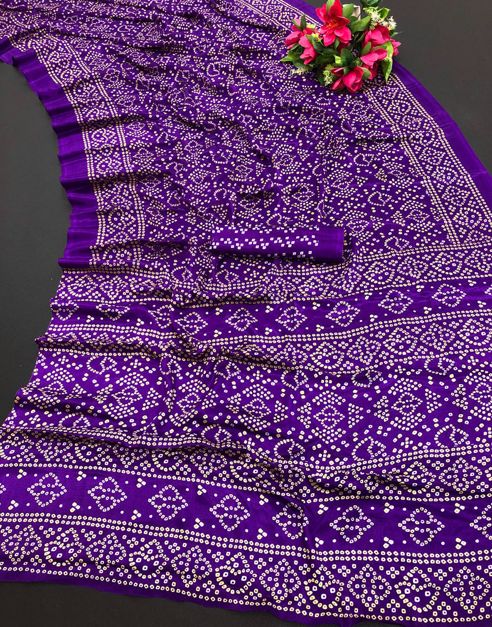 Dark Purple Hand Bandhej Bandhani Saree With Printed Work