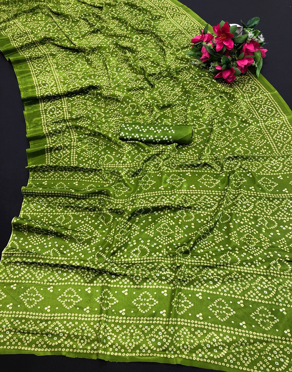 Light Green Hand Bandhej Bandhani Saree With Printed Work