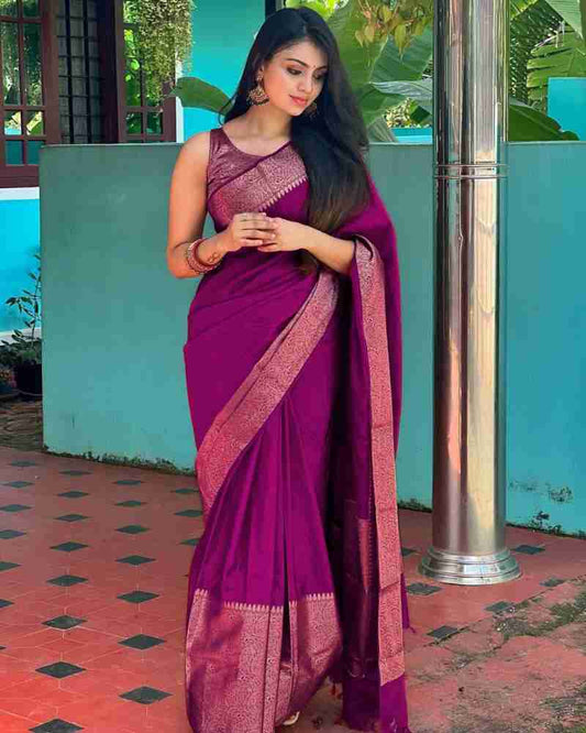 Adorning Purple Soft Silk Saree With Gratifying Blouse Piece