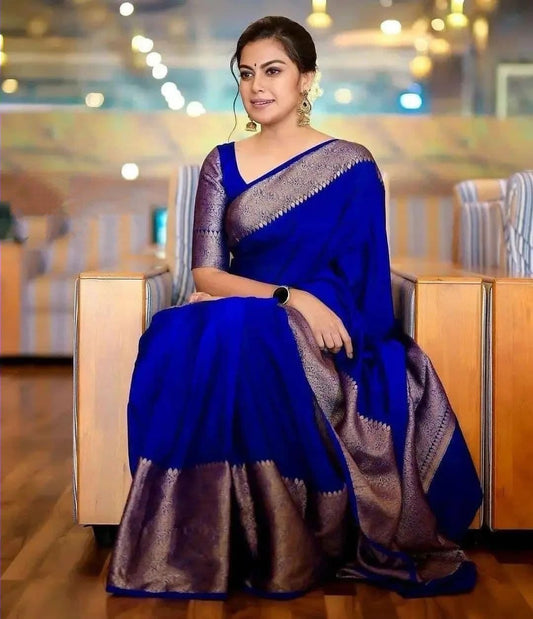 Adoring Royal Blue Soft Silk Saree With Bucolic Blouse Piece