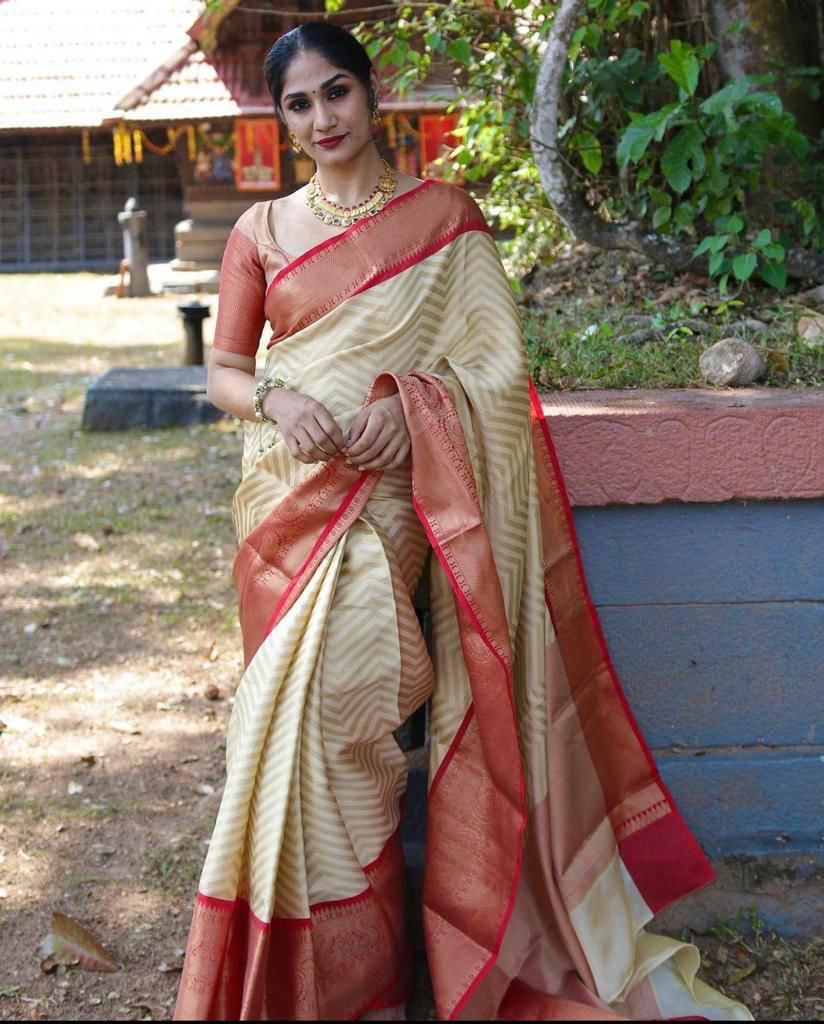 Beauteous Beige Soft Banarasi Silk Saree With Flaunt Blouse Piece