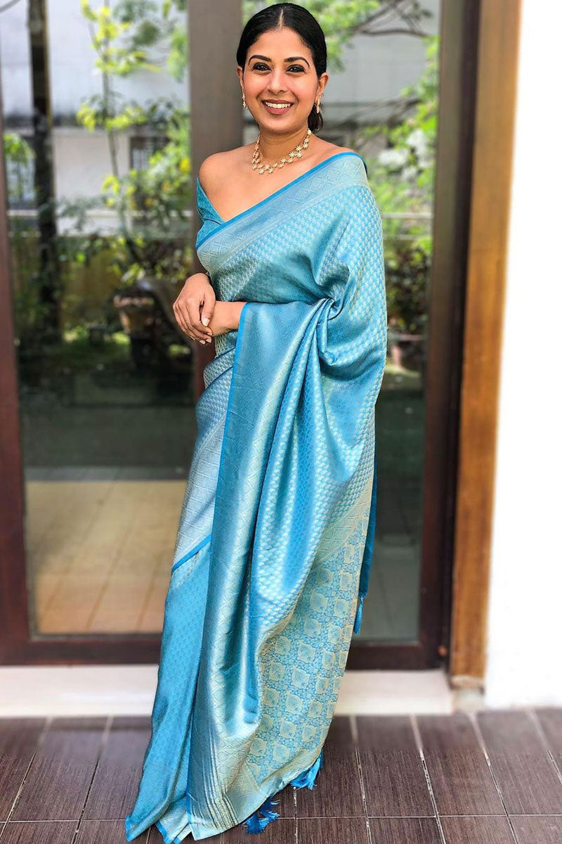 Admirable Firozi Soft Silk Saree With Excellent Blouse Piece