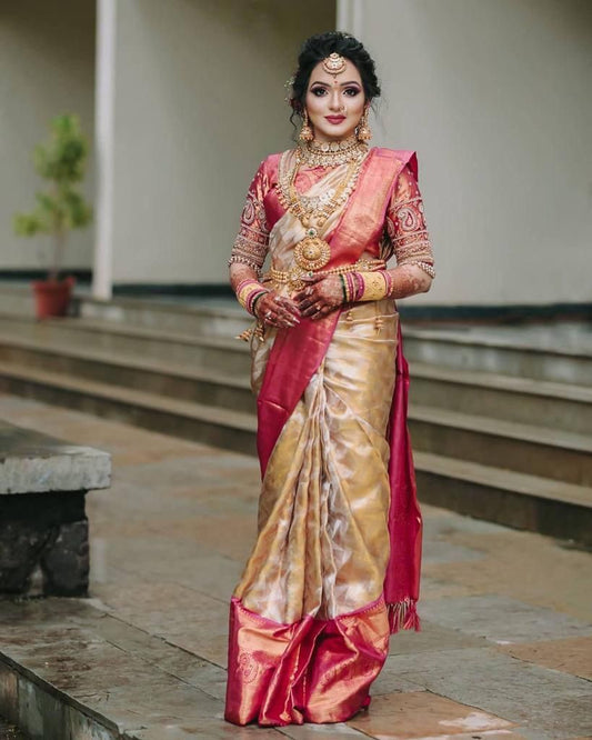 Eye-catching Beige Soft Silk Saree With Opulent Blouse Piece