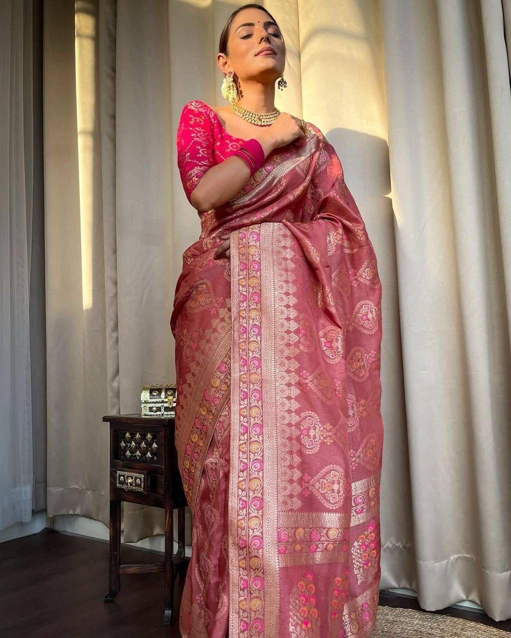 Attractive Peach Soft Silk Saree With Jazzy Blouse Piece