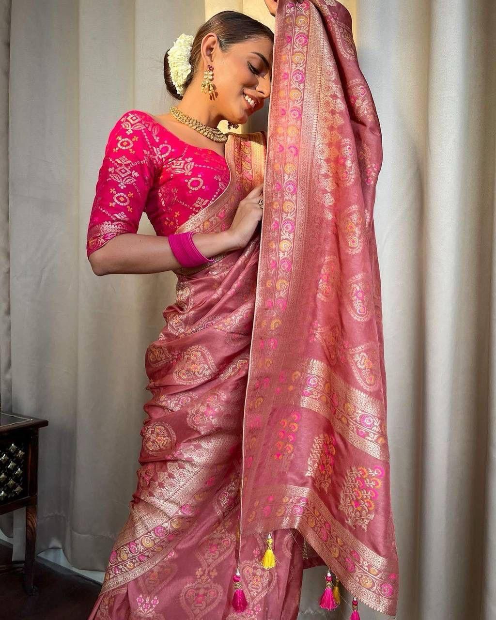 Attractive Peach Soft Silk Saree With Jazzy Blouse Piece