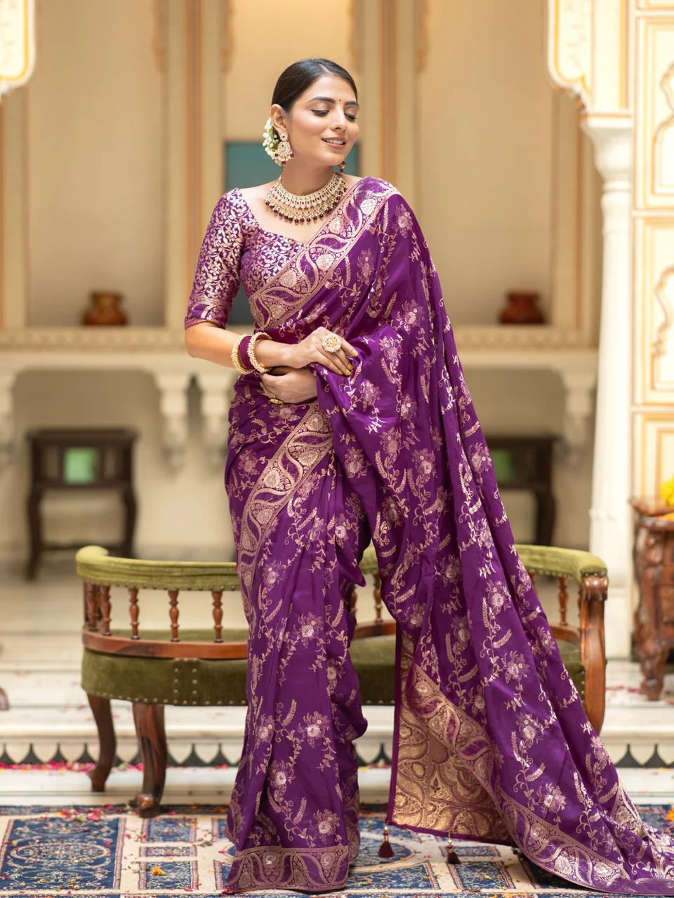 Grandiose Purple Soft Silk Saree With Petrichor Blouse Piece