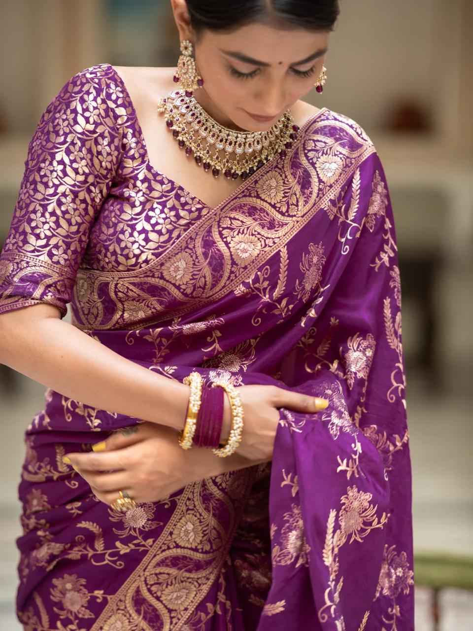 Grandiose Purple Soft Silk Saree With Petrichor Blouse Piece