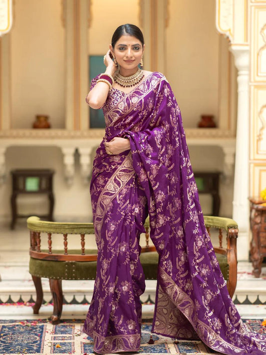 Grandiose Purple Soft Silk Saree With Petrichor Blouse Piece