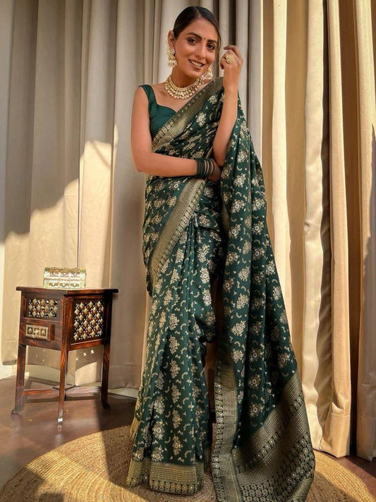 Adorning Dark Green Soft Silk Saree With Energetic Blouse Piece