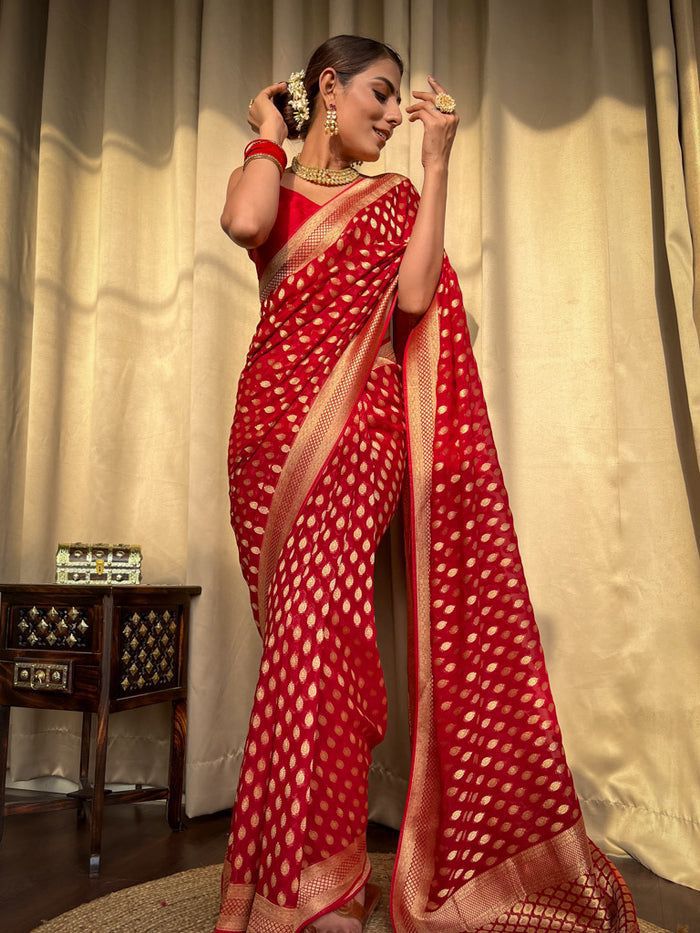 Bucolic Red Soft Banarasi Silk Saree With Dalliance Blouse