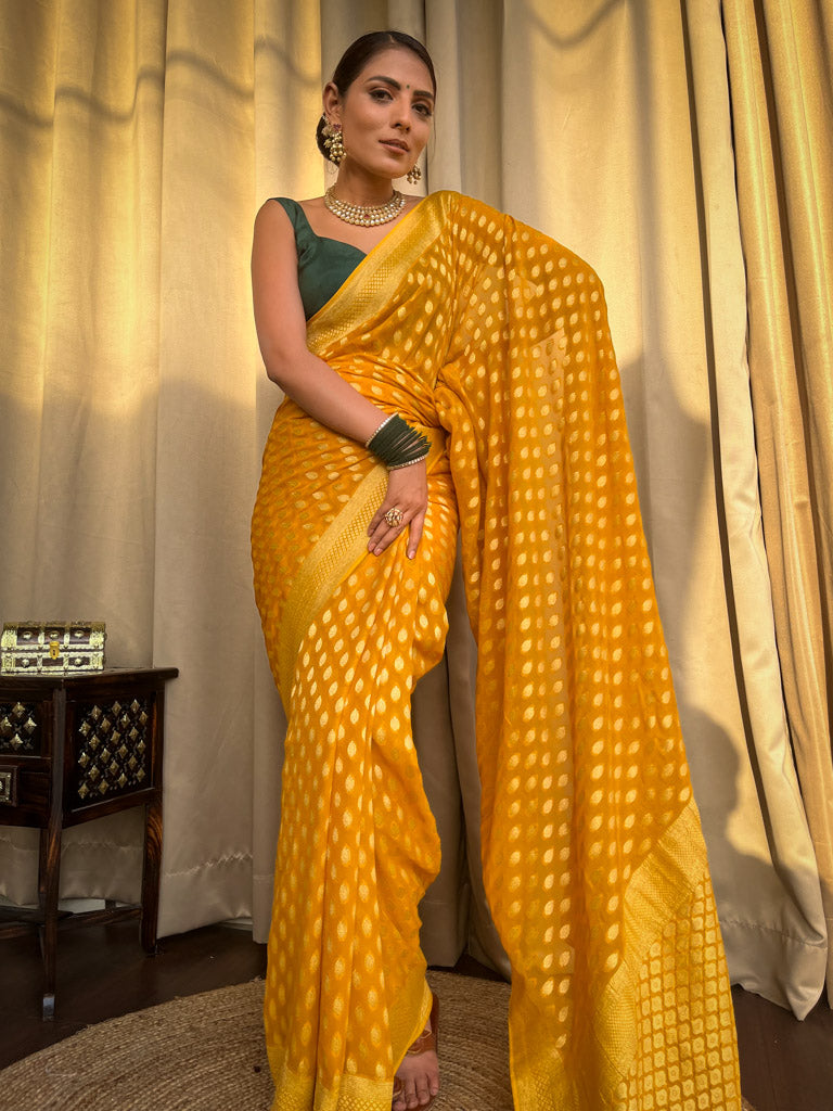 Nemesis Yellow Soft Banarasi Silk Saree With Ratatouille Blouse