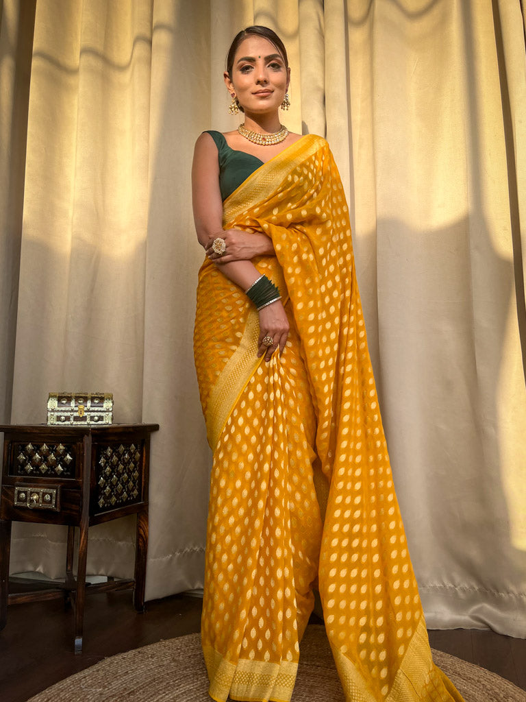 Nemesis Yellow Soft Banarasi Silk Saree With Ratatouille Blouse