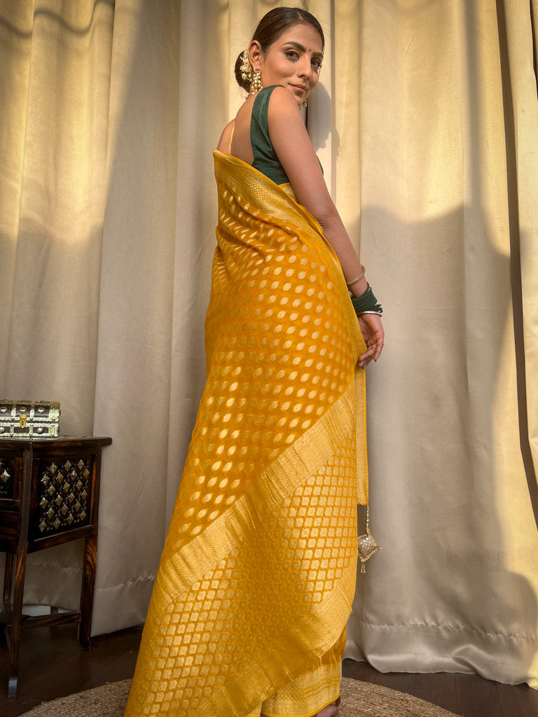 Nemesis Yellow Soft Banarasi Silk Saree With Ratatouille Blouse