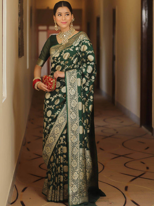 Adorable Dark Green Soft Silk Saree With Blissful Blouse Piece