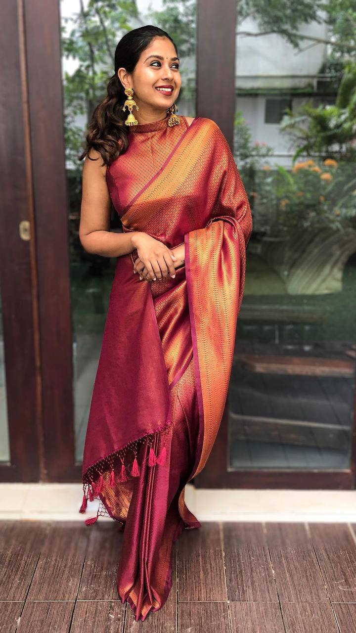 Exuberant Wine Soft Banarasi Silk Saree With Magnificat Blouse Piece