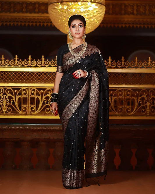 A dreamy Black Soft Banarasi silk saree With Lissome Blouse Piece