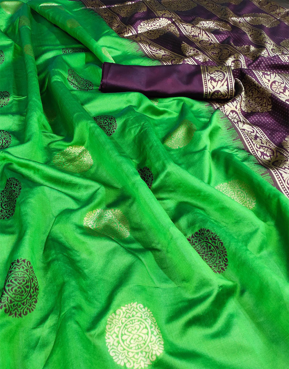 Green & Wine Lichi Silk Saree With Weaving Work