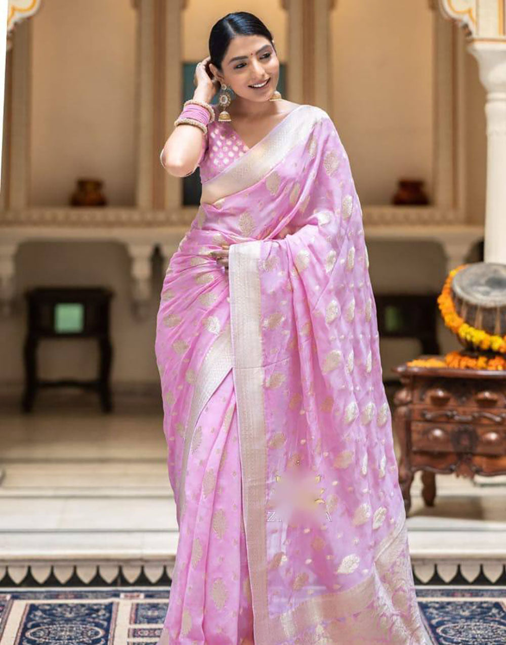 Baby Pink Banarasi Silk Saree With Zari Weaving Work