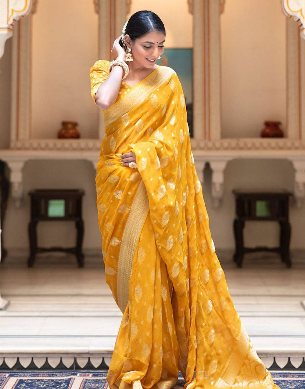 Honey Yellow Banarasi Silk Saree With Zari Weaving Work