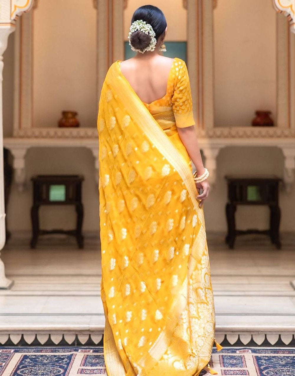 Honey Yellow Banarasi Silk Saree With Zari Weaving Work