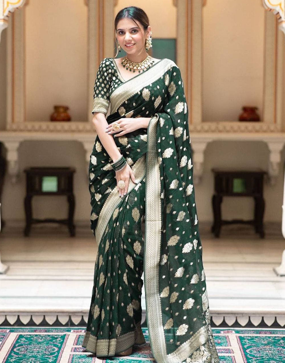 Dark Green Banarasi Silk Saree With Zari Weaving Work