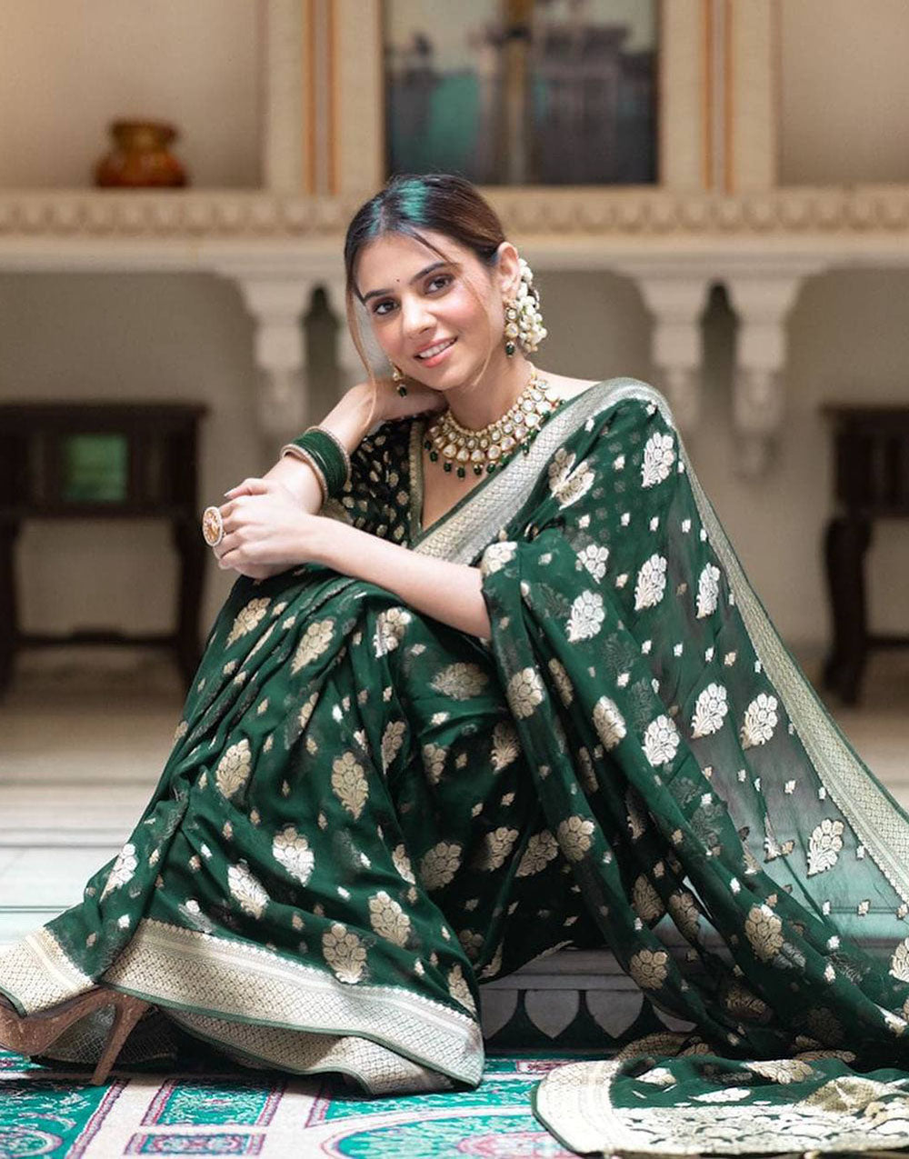 Dark Green Banarasi Silk Saree With Zari Weaving Work