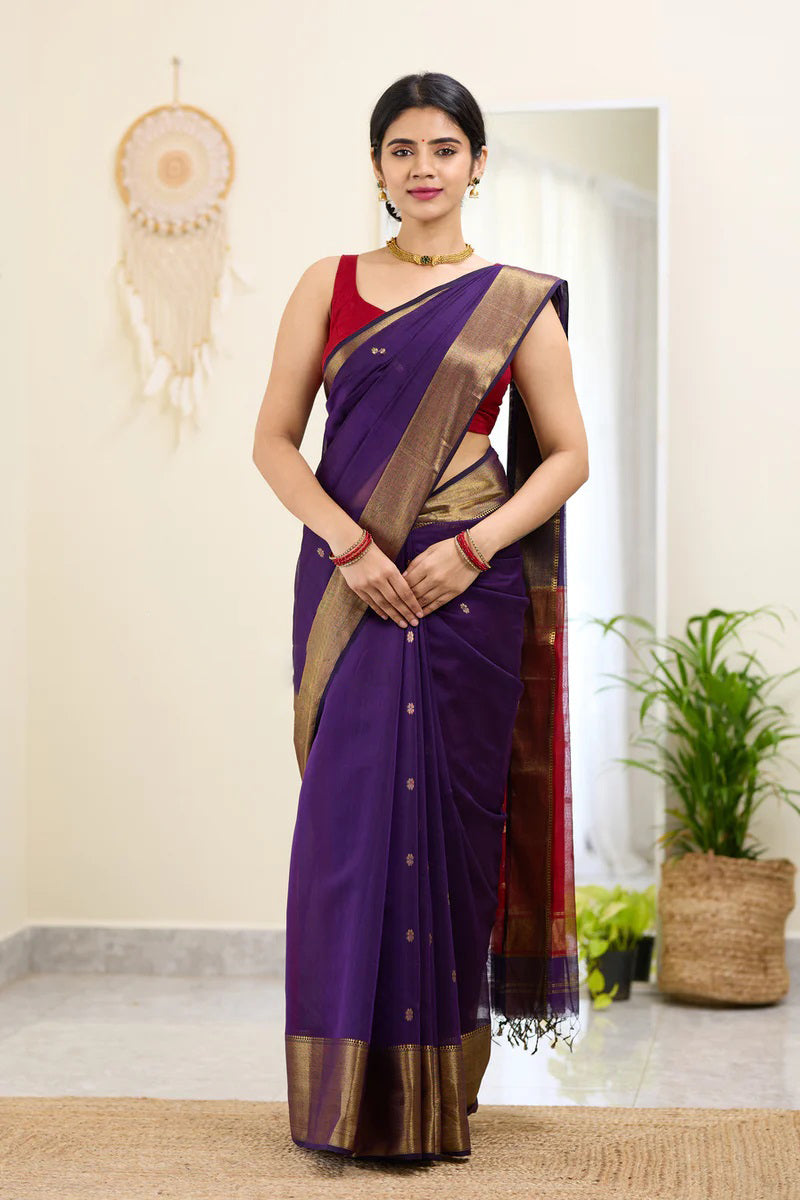 Assemblage Purple Cotton Silk Saree With Forbearance Blouse Piece